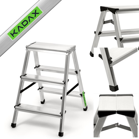 Aluminium trapladder 3 treden, opvouwbare trapladder tot 125 kg, trapladder met antisliptreden, dubbelzijdige aluminium ladder, vouwladder, huishoudladder