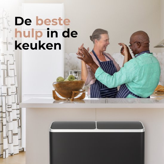 O'DADDY® Prullenbak – Afvalbak - Prullenbak 60 liter - Pedaalemmer – Vuilnisbak - Prullenbak 2 vakken - Prullenbak afvalscheiding – Afvalbak afvalscheiding - 2 Binnen emmers - Soft-Close - Inclusief 15 Afvalzakken - Zwart