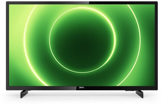 Zwarte Philips tv met een scherm waarop een groen gloeiende cirkel wordt weergegeven.