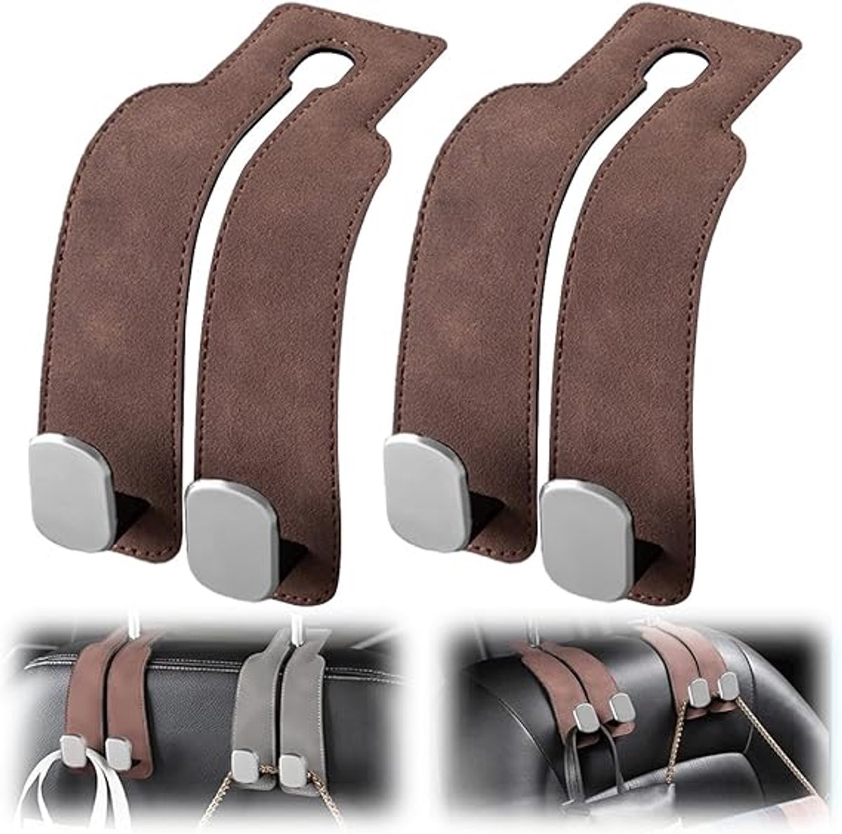 Image of 2 stuks - 17*4.5*8.5 cm - autohoofdsteunhaken - multifunctionele leren autostoel organizer - haak voor de rugleuning van de auto - auto-interieuraccessoires - voor tassen, portemonnees, paraplu's - bruin
