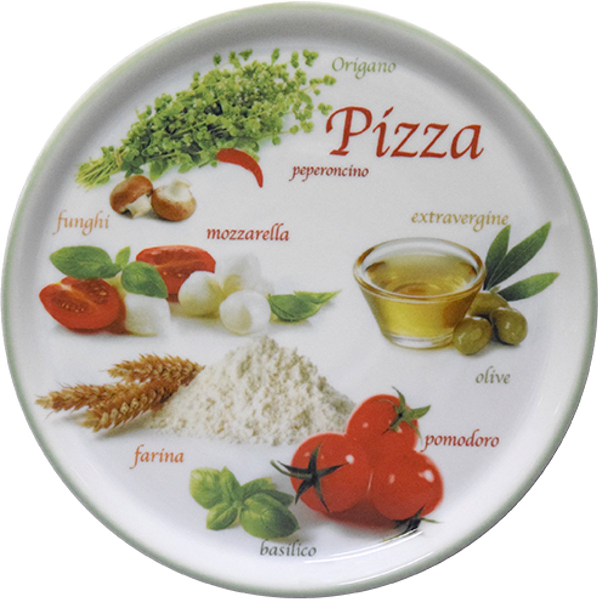 Set van 6 Grote Pizzaborden Ø 33 cm – Porselein – Italiaanse Print met Groene Rand – Voor de Ultieme Pizza-Avond