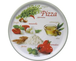 Set van 6 Grote Pizzaborden Ø 33 cm – Porselein – Italiaanse Print met Groene Rand – Voor de Ultieme Pizza-Avond