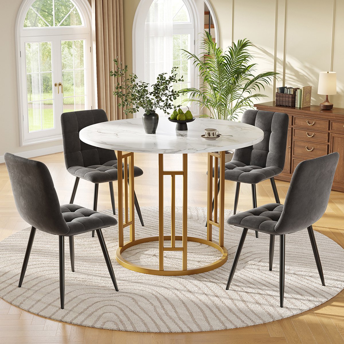 Pugsdrly Eettafel set (5-delig), eettafel set met 4 stoelen, moderne eettafel set voor in de keuken, ronde keukentafel met een diameter van 80 cm met gouden metalen poten, marmeren MDF-tafelblad, eetkamerstoelen van grijs fluweel