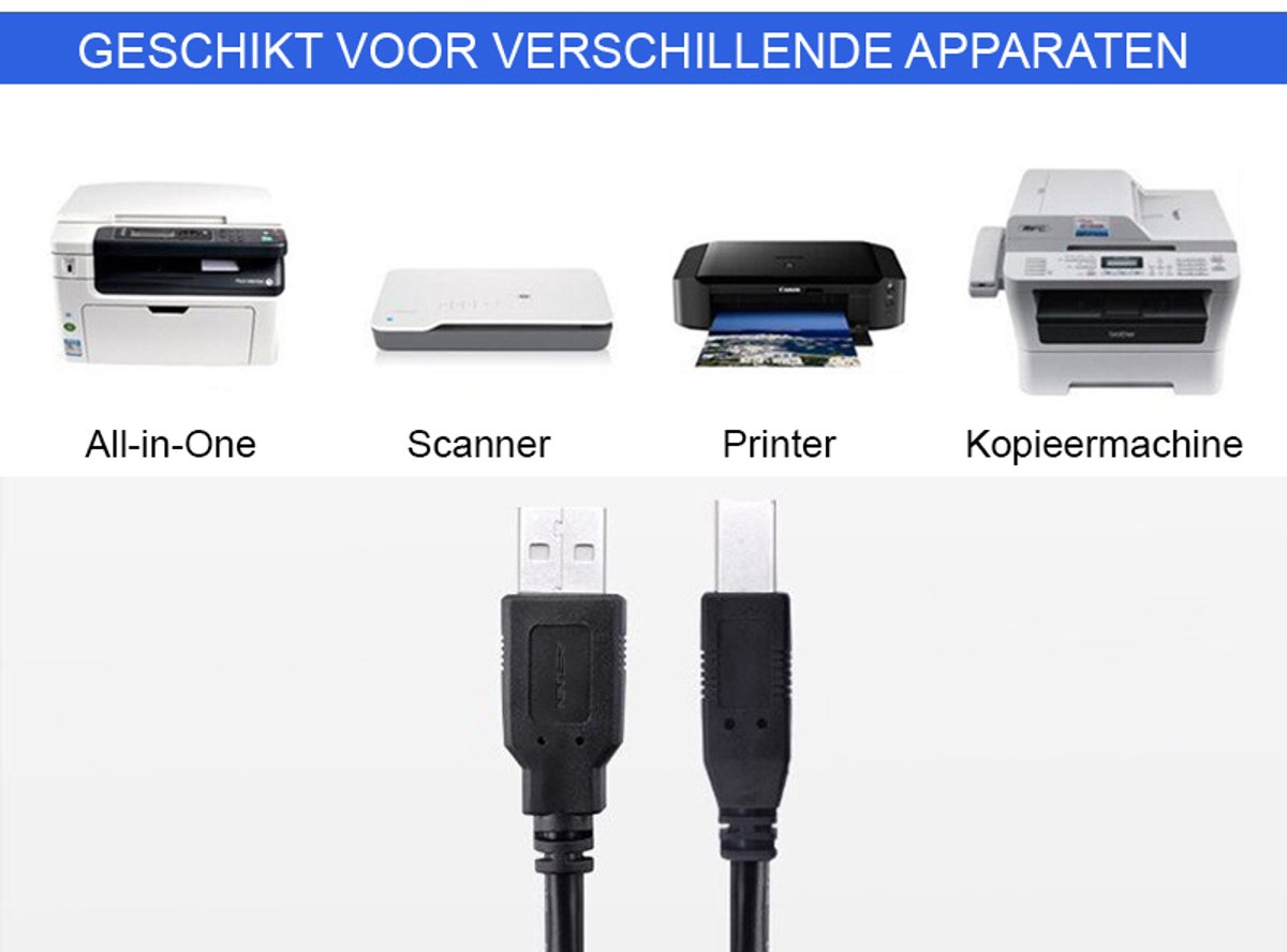 Ninzer Printerkabel 1.5 m - USB-A naar USB-B - Universele Kabel voor Printer & Scanner - USB 2.0 - Zwart — afbeelding 2