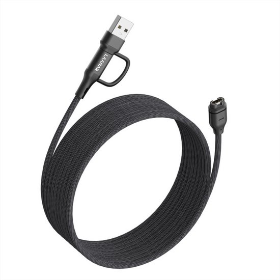 Zwarte gevlochten nylon kabel met USB-A en Garmin connector, opgerold.