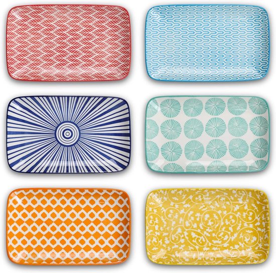 DOWAN 20,3 Cm Keramische Saladeborden Set Van 6 - Kleurrijk Rechthoekig Design
