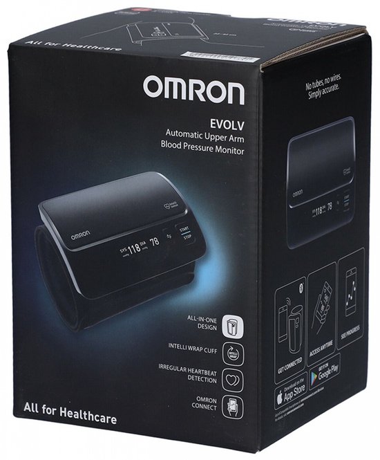 Doos van de OMRON EVOLV bloeddrukmeter met productafbeeldingen en informatie over kenmerken zoals 'All-in-one design' en 'Omron Connect'.