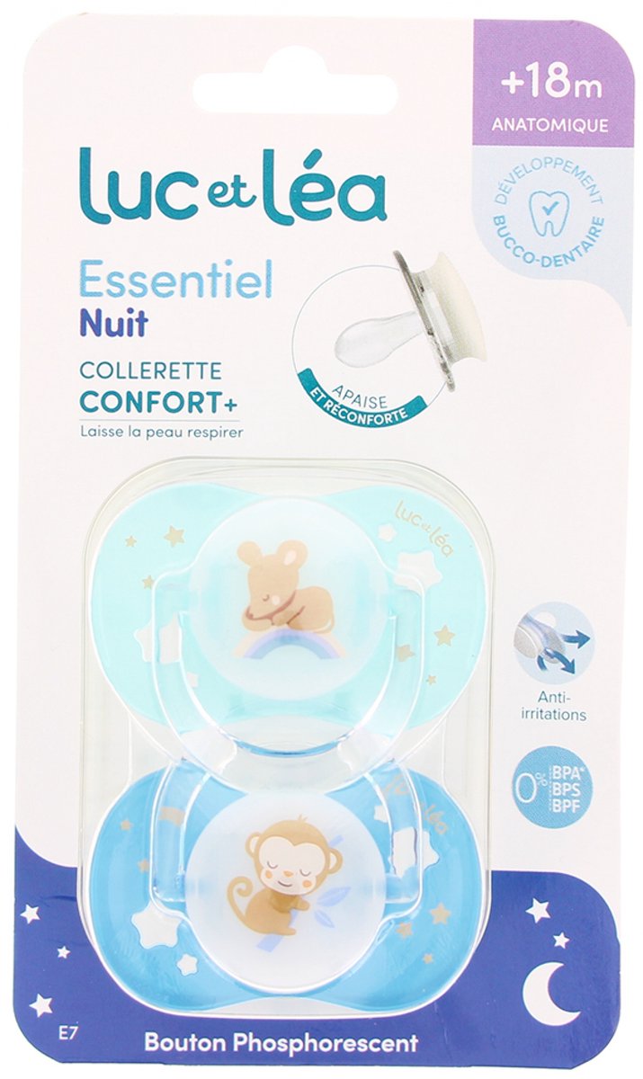 Luc et Léa Essentiel Nuit 2 Anatomische Fopspenen Comfort Kraag + 18 Maanden (Modellen : Muis en aap)