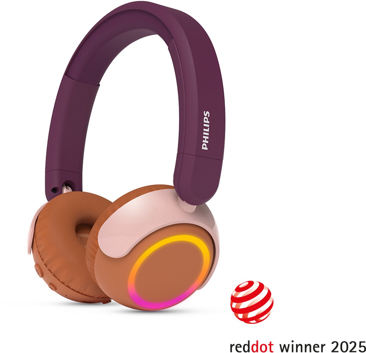 PHILIPS TAK4200MP 4200-serie On Ear draadloze opvouwbare hoofdtelefoon voor kinderen - 45 uur afspeeltijd, beperkt volume, Audio delen, laadkabel meegeleverd - Ambiant verlichting - Magenta Paars