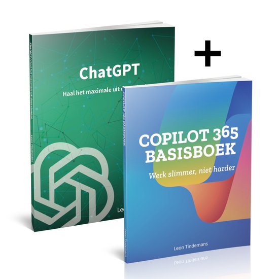 Lot de livres avec "ChatGPT Haal het maximale uit deze chatbot" (vert) et "COPILOT 365 BASISBOEK" (bleu/orange), avec un signe plus entre les deux.