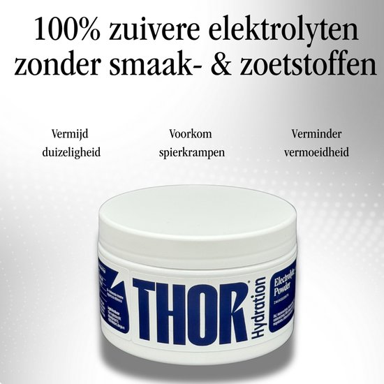 Witte pot Thor Hydration elektrolytenpoeder, 100 porties, 100% puur, zonder smaak- en zoetstoffen. Voorkomt duizeligheid, spierkrampen, vermoeidheid.