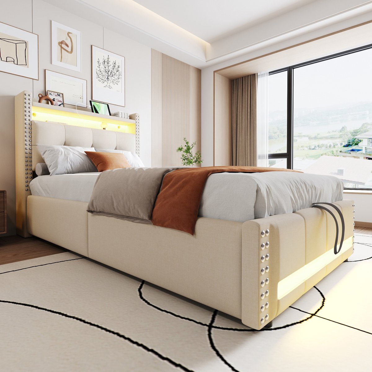 Sweiko Eenpersoonsbed - 90x200 cm - LED-verlichting - USB-aansluiting - Opbergruimte - Linnen - Beige