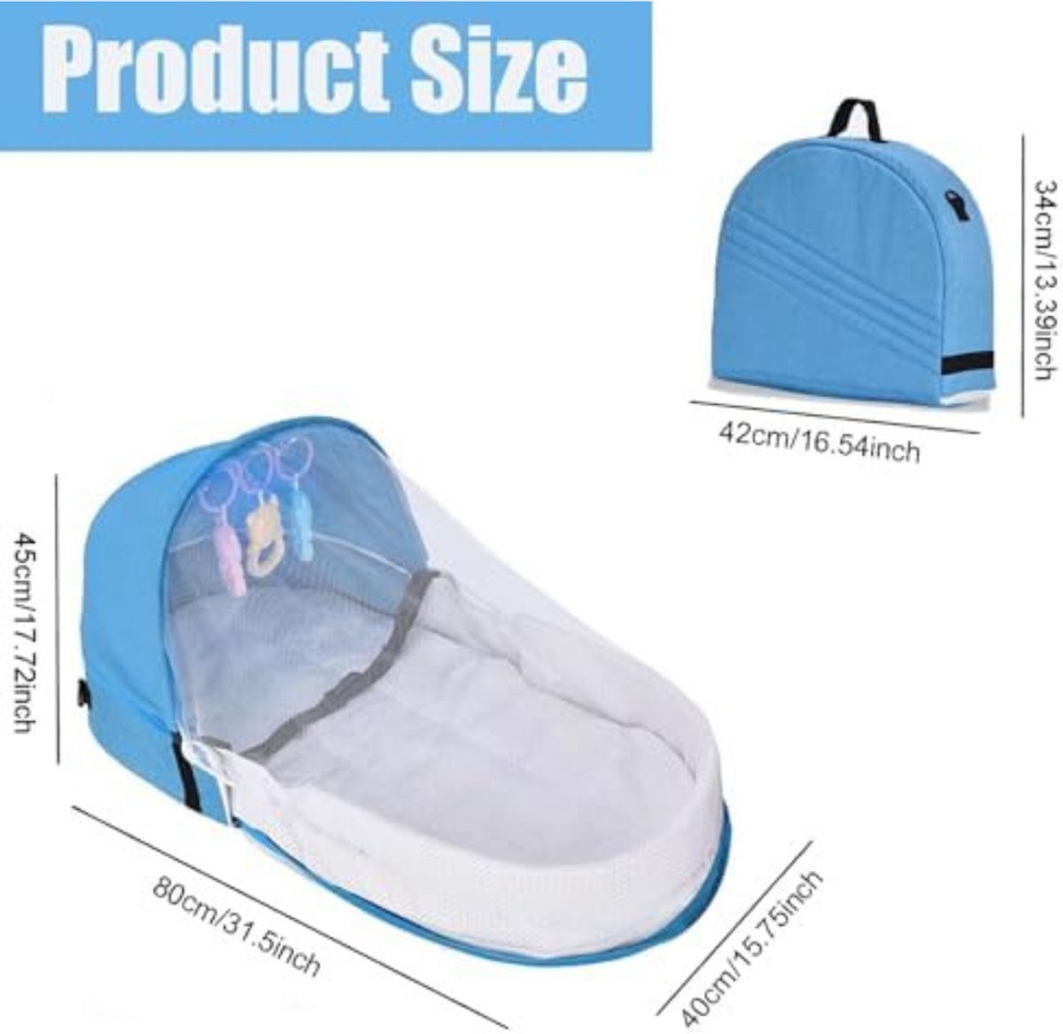 Draagbare Babywieg - Opvouwbaar Reisbedje - Baby Campingbedje - Met Speeltjes - Klamboe & Zonnekap - Lichtgewicht Babybed - 0-10 Maanden - Baby Nest Voor Buiten & Binnen - Makkelijk Mee Te Nemen - Blauw - 80x40x45 cm – foto 3