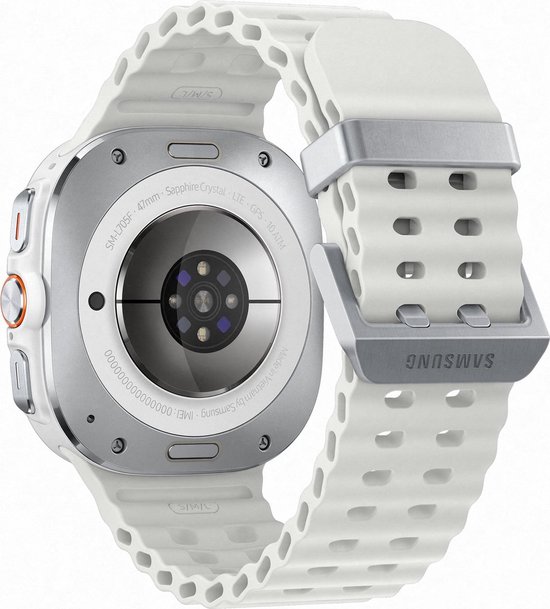 Samsung Galaxy Watch Ultra achterkant met sensoren, witte band met gesp.