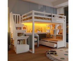 140x200 Hoogslaper met bureau en planken - twee geïntegreerde lades - opbergtrap - wit - zonder matras