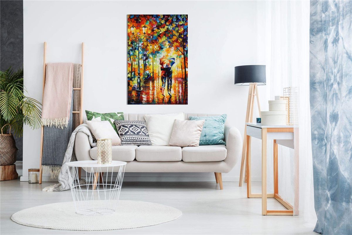 Ibenzoa Abstract Olieverfschilderij op Canvas voor Sfeervolle Woonkamerdecoratie, Koppel Onder Paraplu, 91x61 cm Koppel onder één paraplu