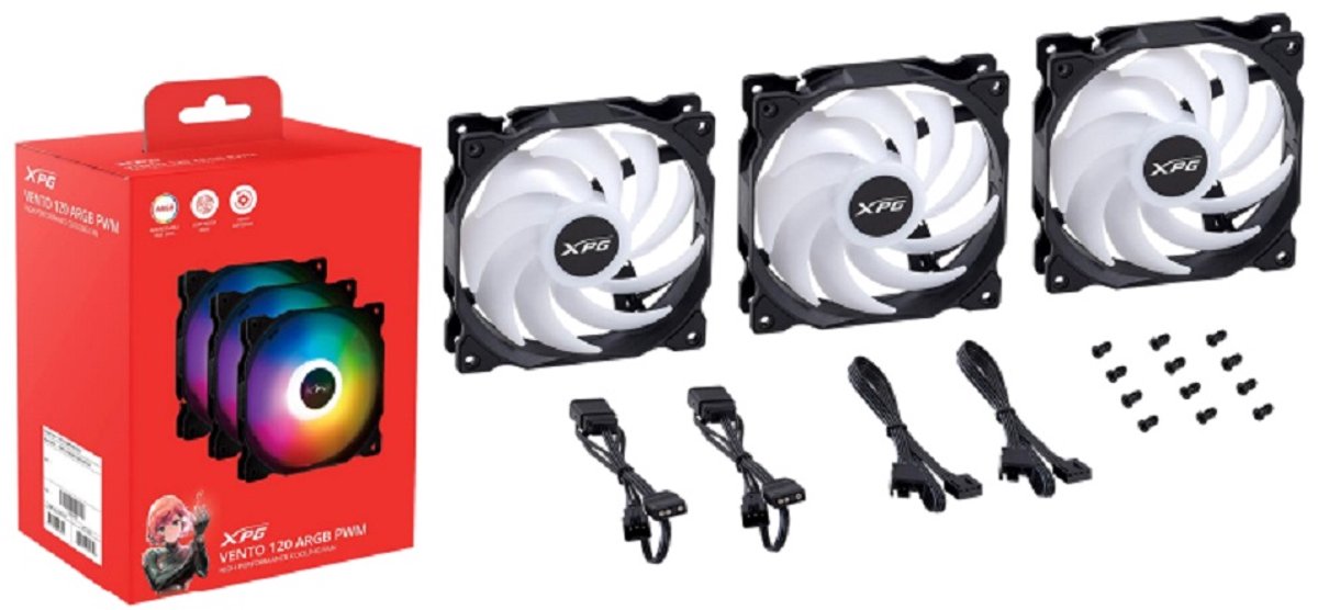 XPG VENTO 120 ARGB PWM 3 Pack, Black, Rifle Bearing, 120mm Fan, 4-Pin PWM, Speed: 300-1850 RPM, Max Air Flow: 50.27 CFM, Fan Noise: 24 dBA