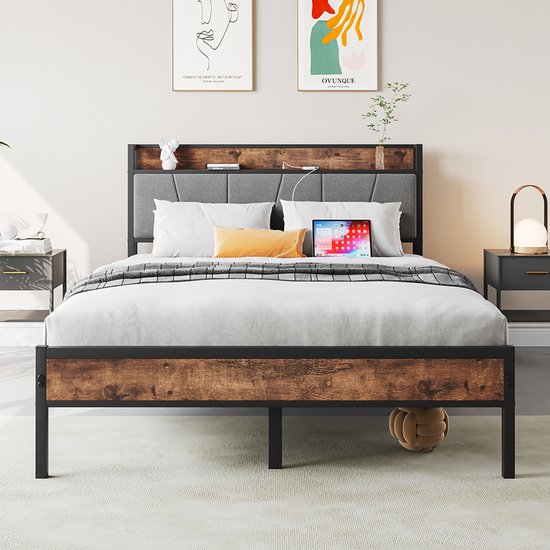 Pugsdrly Bedframe van 120 x 200 cm met slimme ledverlichting, hoofdeinde met USB-oplaadstation, steunplatform met ultrastevige metalen latten, geruisloos, eenvoudige montage, geen lattenbodem nodig
