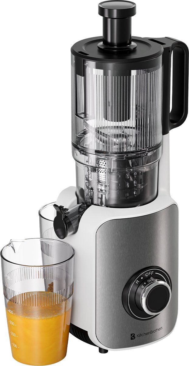 KitchenBrothers Slowjuicer - Sapcentrifuge - XXL Vulopening - Verticaal - Juicer - Groenten en Fruitpers - 126 mm - 750 ml - Pearl White / Wit