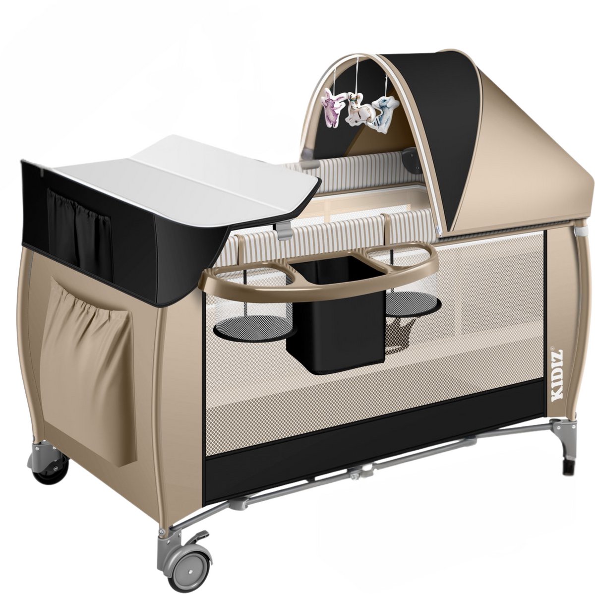 KIDIZ Campingbedje Reisbedje Reiswieg Babybedje 3 in 1 Combi Set Ledikant met Verschoningsmatje Klamboe Kinderbox Baby vanaf de geboorte tot 15 kg Luchtige zijwanden met zijingang Opvouwbare Draagtas - Zwart / Beige