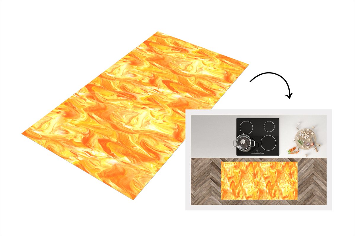 KitchenYeah Keukenloper 120x60 cm - Keukenmat vinyl Marmer - Oranje - Geel - Design - Keukenmatten loper - Keuken vloerkleed tapijt Verf