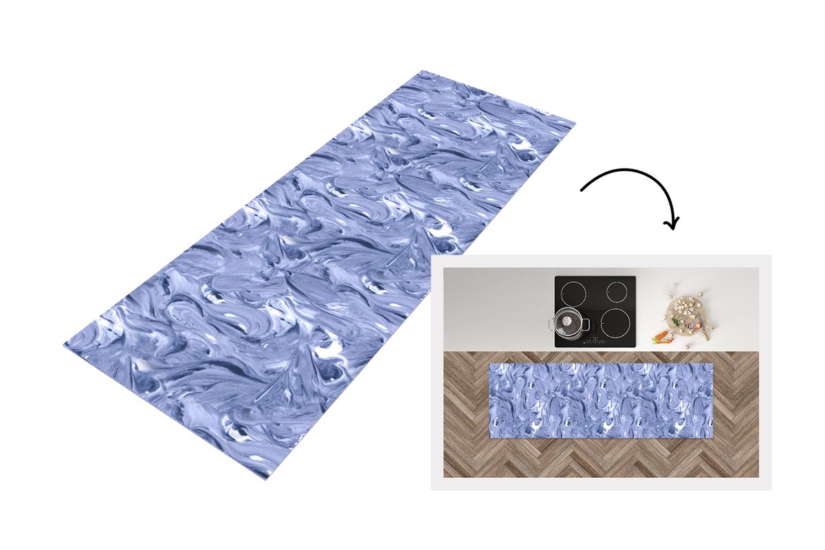 KitchenYeah Keukenloper 150x50 cm - Keukenmat vinyl Blauw - Verf - Marmer print - Patronen - Keukenmatten loper - Keuken vloerkleed tapijt