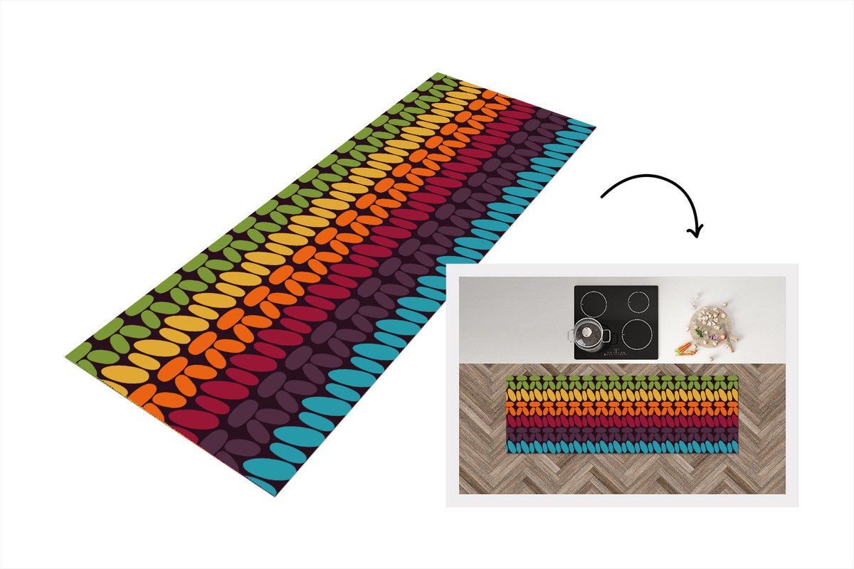 KitchenYeah Keukenloper 150x50 cm - Keukenmat vinyl Haakpatronen - Retro - Regenboog - Keukenmatten loper - Keuken vloerkleed tapijt