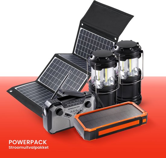 Foto: Stroomuitval noodpakket blijf online met zonnepaneel powerbank noodradio licht