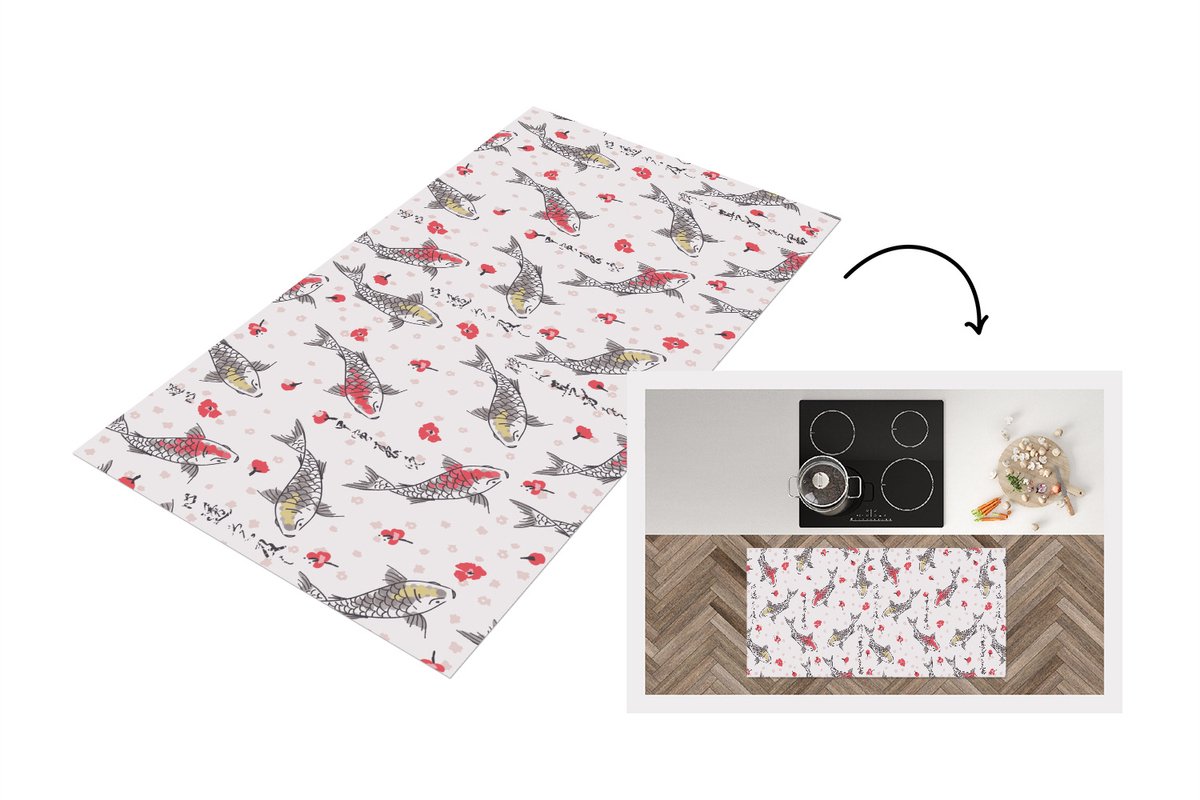 KitchenYeah Keukenloper 120x60 cm - Keukenmat vinyl Vis - Koi - Bloemen - Patronen - Keukenmatten loper - Keuken vloerkleed tapijt Karpers - Patronen