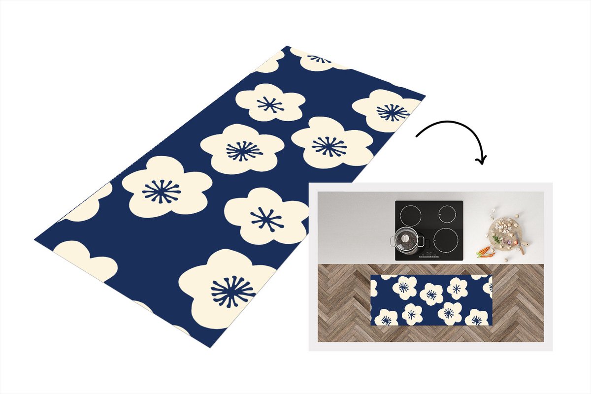 KitchenYeah Keukenloper 120x50 cm - Keukenmat vinyl Sakura - Wit - Patroon - Japan - Keukenmatten loper - Keuken vloerkleed tapijt