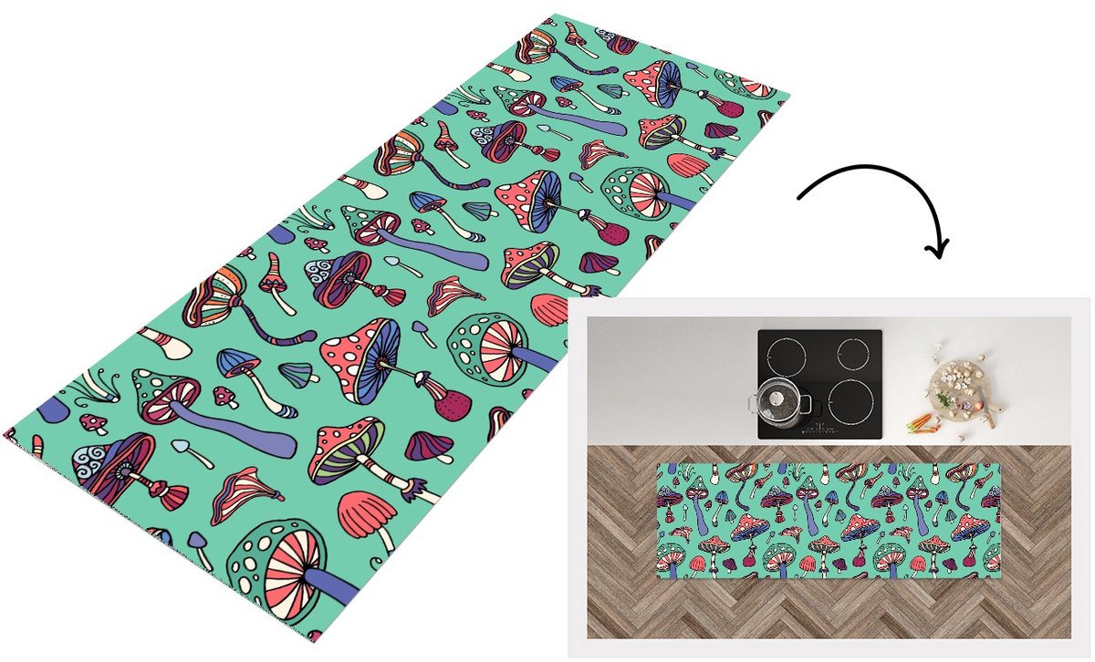 KitchenYeah Keukenloper 150x50 cm - Keukenmat vinyl Patronen - Vintage - Paddenstoelen - Natuur - Keukenmatten loper - Keuken vloerkleed tapijt