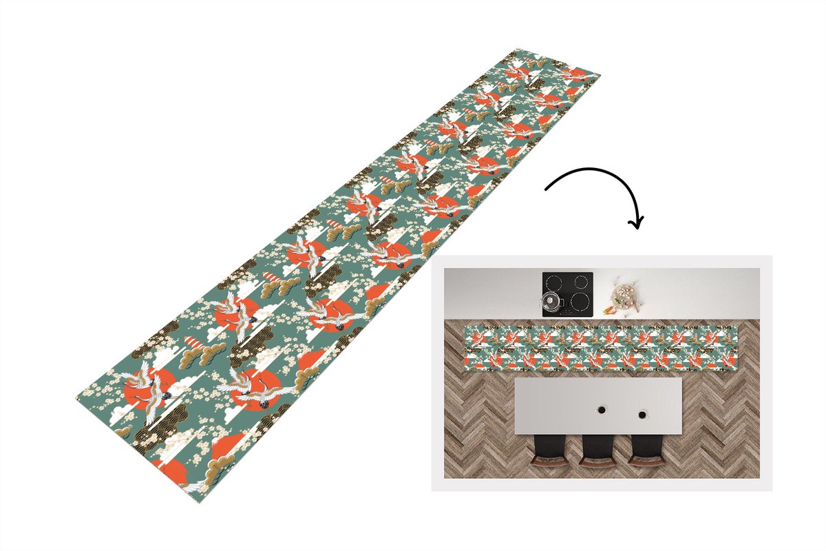 KitchenYeah Keukenloper 360x60 cm - Keukenmat vinyl Kraanvogel - Sakura - Zon - Patronen - Keukenmatten loper - Keuken vloerkleed tapijt Kraanvogel - Sakura - Patronen