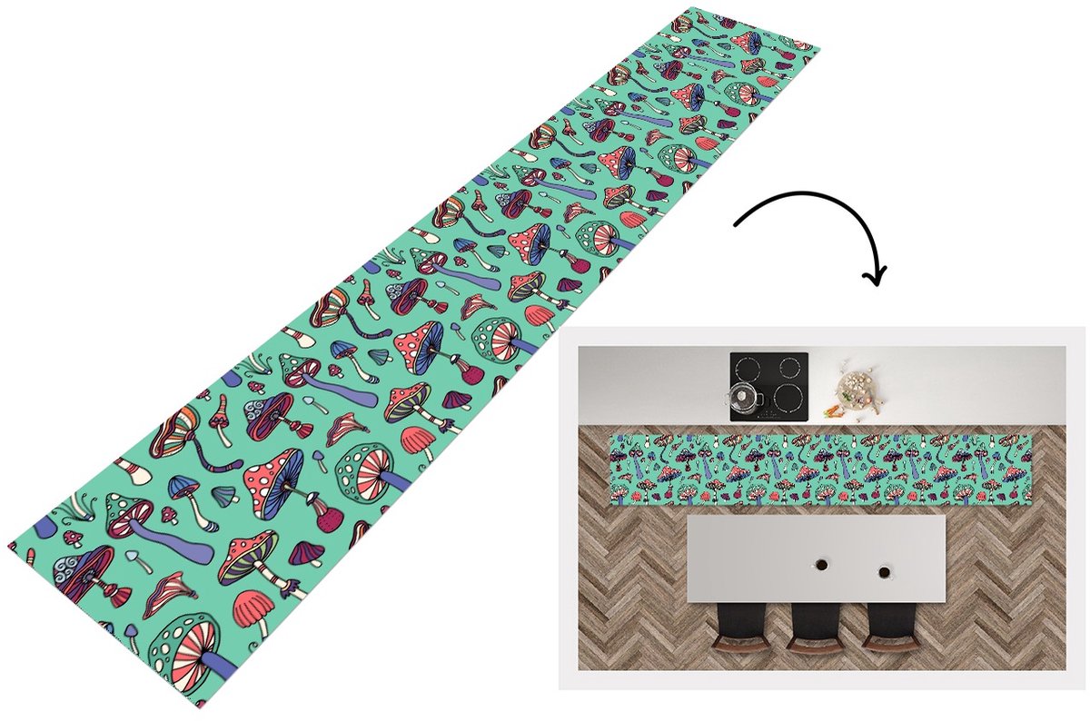 KitchenYeah Keukenloper 360x60 cm - Keukenmat vinyl Patronen - Vintage - Paddenstoelen - Natuur - Keukenmatten loper - Keuken vloerkleed tapijt