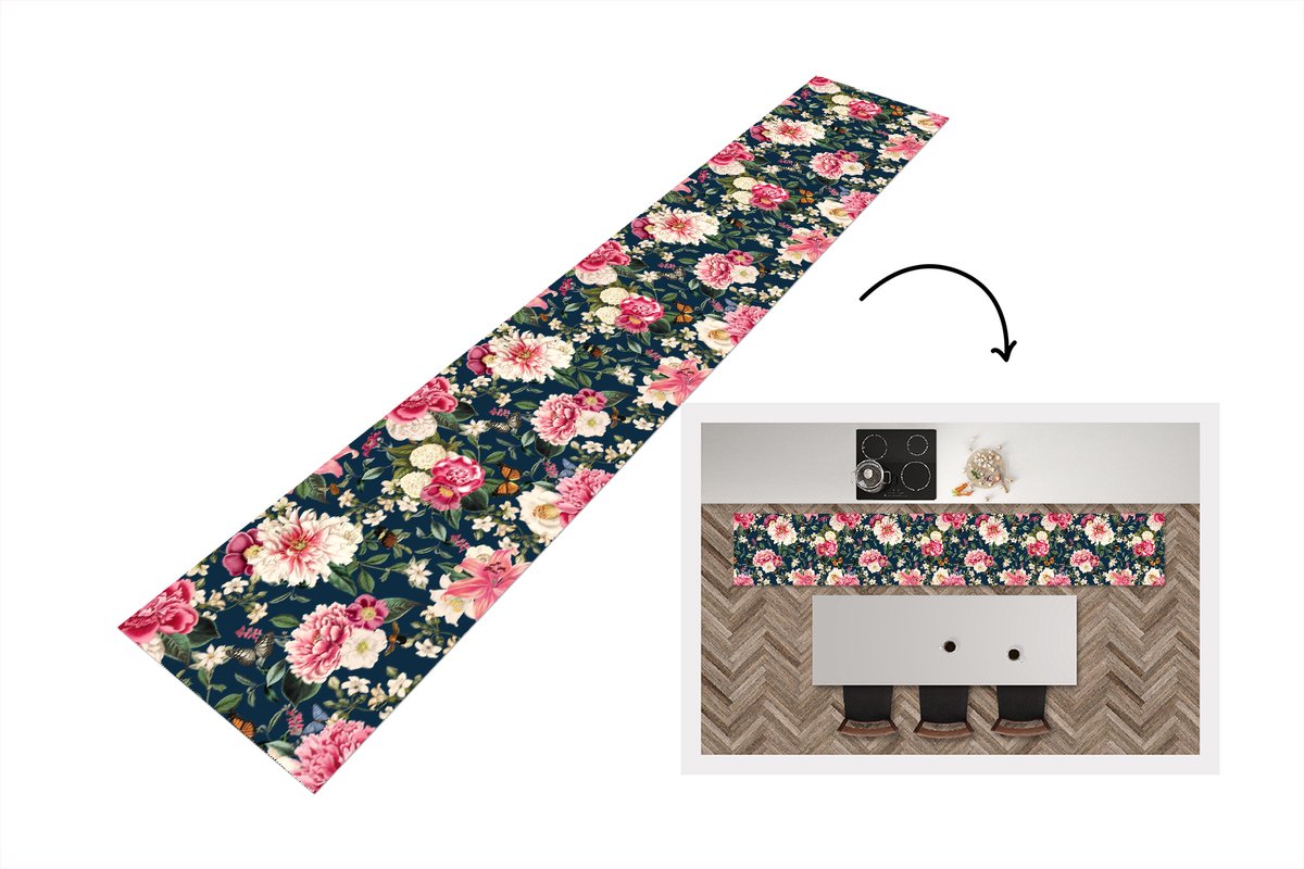 KitchenYeah Keukenloper 360x60 cm - Keukenmat vinyl Patronen - Roos - Bladeren - Keukenmatten loper - Keuken vloerkleed tapijt Rozen