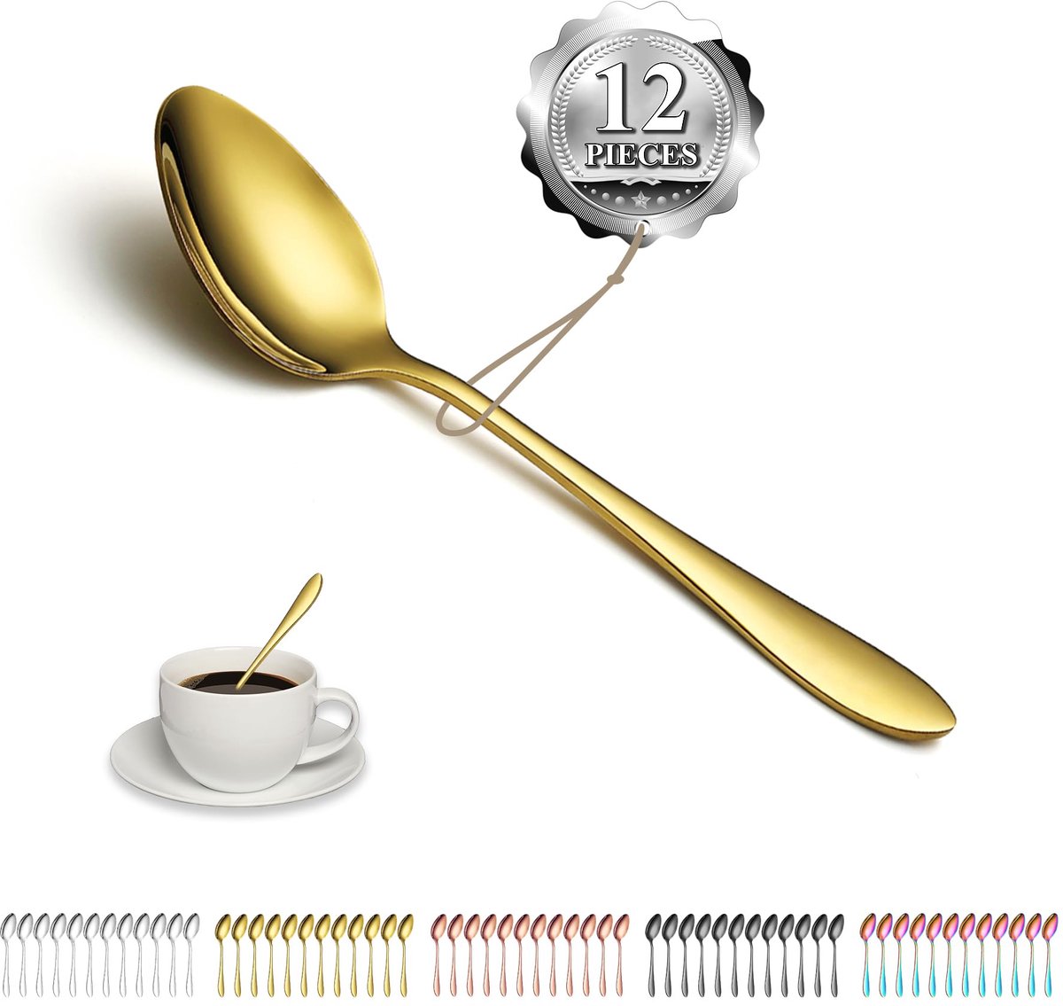 Ibenzoa® Gouden roestvrijstalen theelepels set van 12 stuks met titanium coating voor veelzijdig gebruik