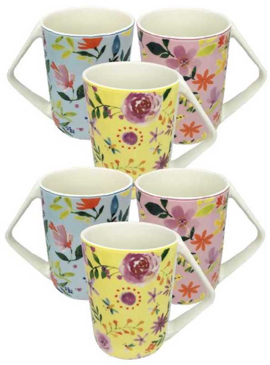Set van 6 Mokken met Driehoek Handvat 400ml - Flowers