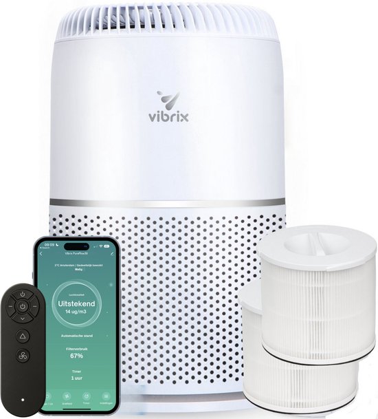 Vibrix Vortex20 Luchtreiniger - 275m3/u - Air Purifier met Ionisator - 2X Hepa Filter + Koolstof Filter - Luchtfilter tegen stof, hooikorts, allergie en huisstofmijt - Slaapstand en luchtkwaliteit indicator