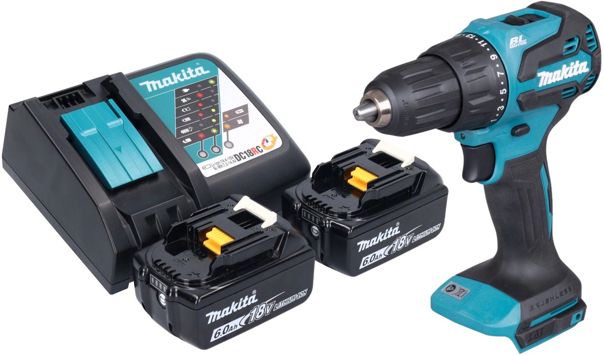Makita DHP 490 RG accu klopboormachine 18 V 65 Nm borstelloos + 2x accu 6.0 Ah + lader