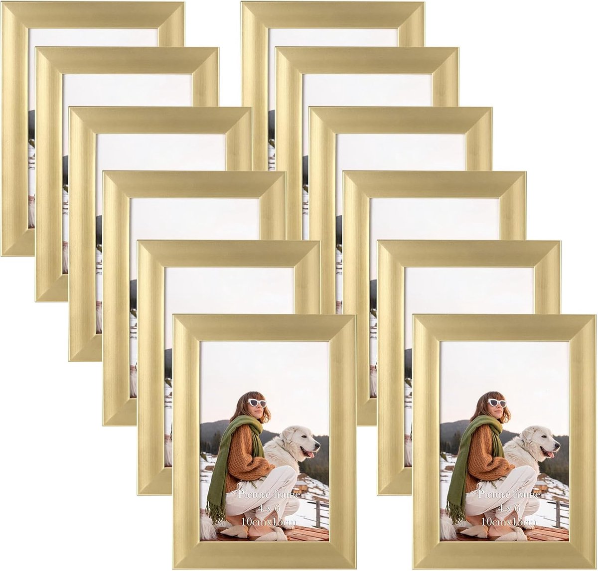 Famanu Set van 12 fotolijsten 10x15 cm voor 15x10 foto's en afbeeldingen, opvallende gouden fotolijsten collage met kunststof frame – wand- of tafelstandaard