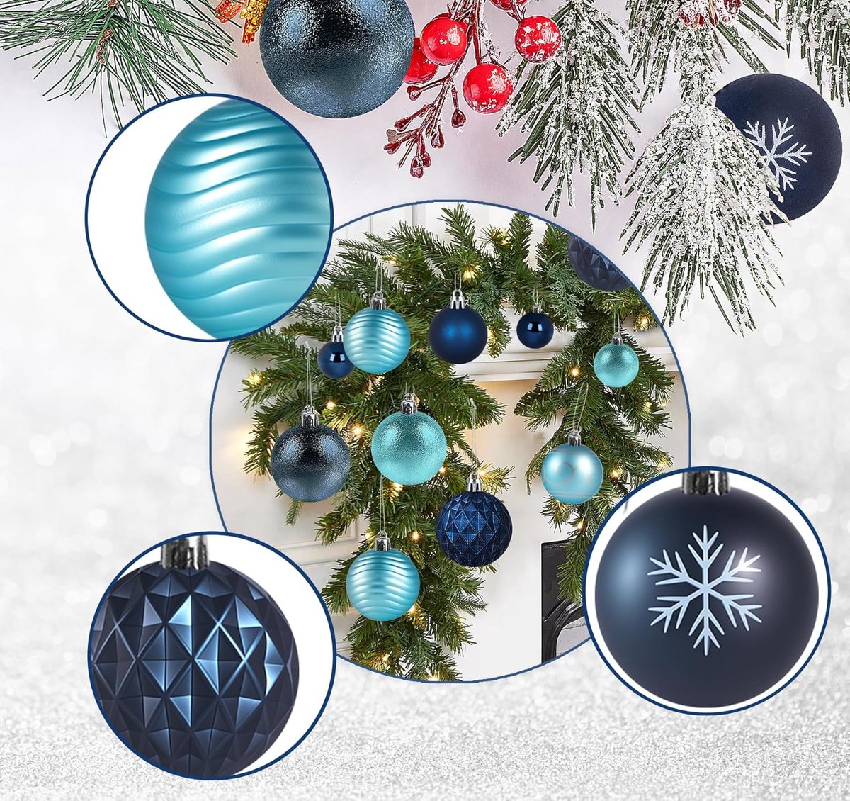 Kerstballen blauwe set - 100 stuks onbreekbare plastic kerstballen - glitterdecoratie voor kerstmis - traditionele kerstboom ornament set - hangende ballen – foto 4