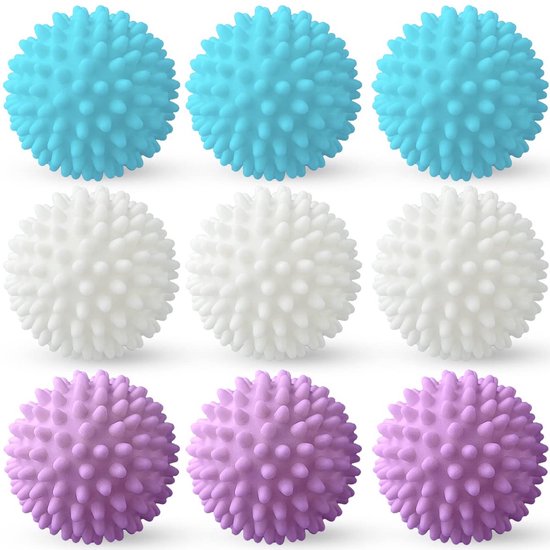 Trois rangées de trois boules de lavage sphériques en blanc, bleu et violet. Chaque boule a une surface hérissée.