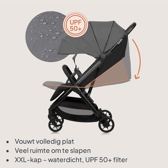 Grijze kinderwagen met XXL-kap, die volledig plat kan worden ingeklapt.