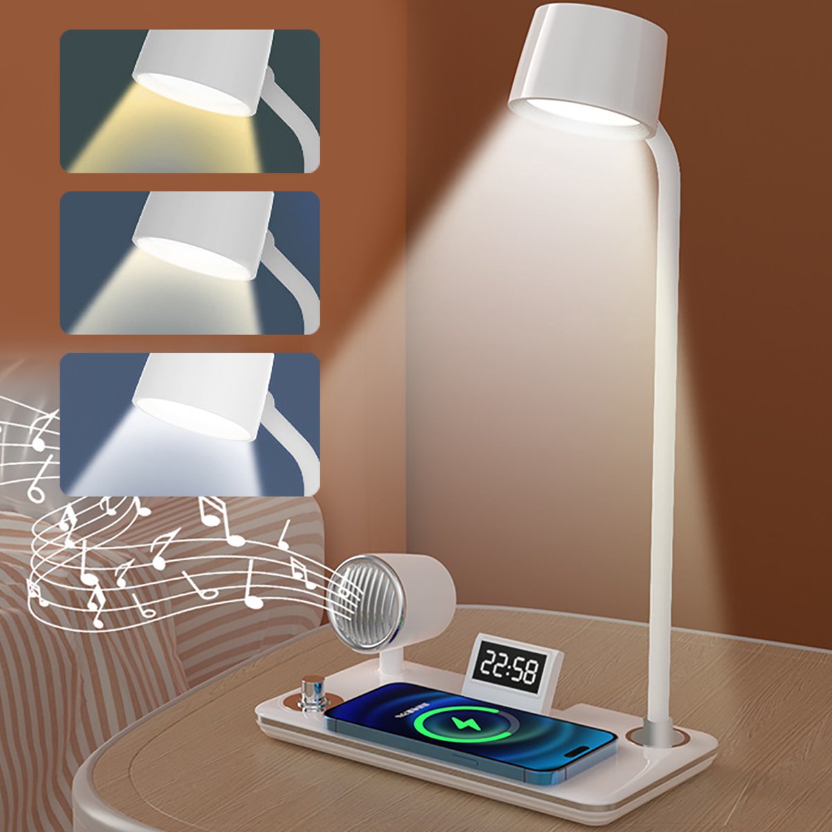 ibettertec-LED-nachttafellamp - LED-bureaulamp met draadloze lader & Bluetooth-luidspreker - 3 kleuren dimbare touchbediening - LED-bureaulamp met alarmfunctie - Bluetooth speaker tafellamp - geschikt voor slaapkamer, woonkamer, werkkamer, etc.