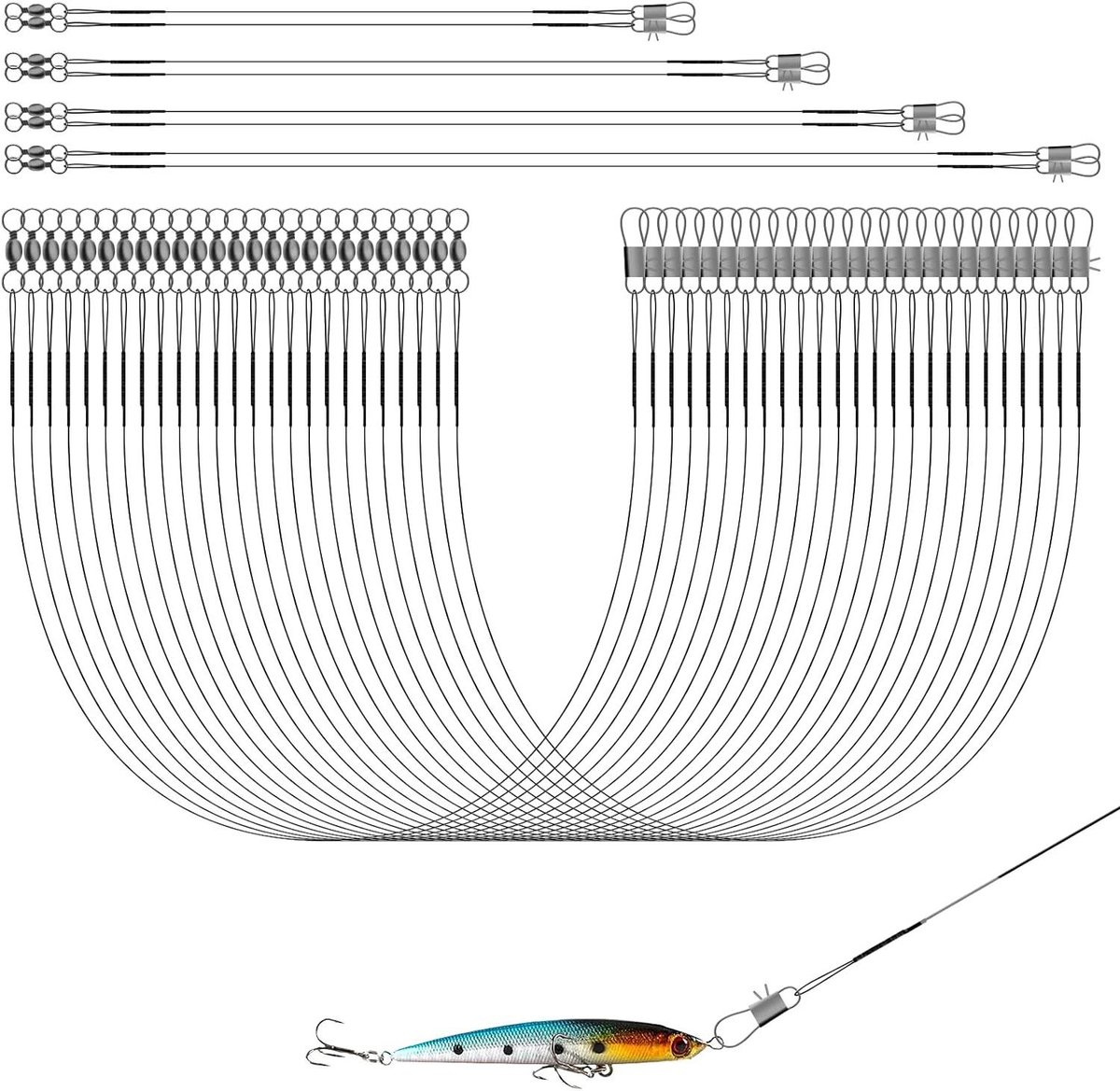 Set van 40 Vismallen RVS Voortasjes 15 20 25 30 cm Voortas met Draaibare Roestvrij Stalen Draad - Zoutwater en Zoetwater - Hoge Kwaliteit