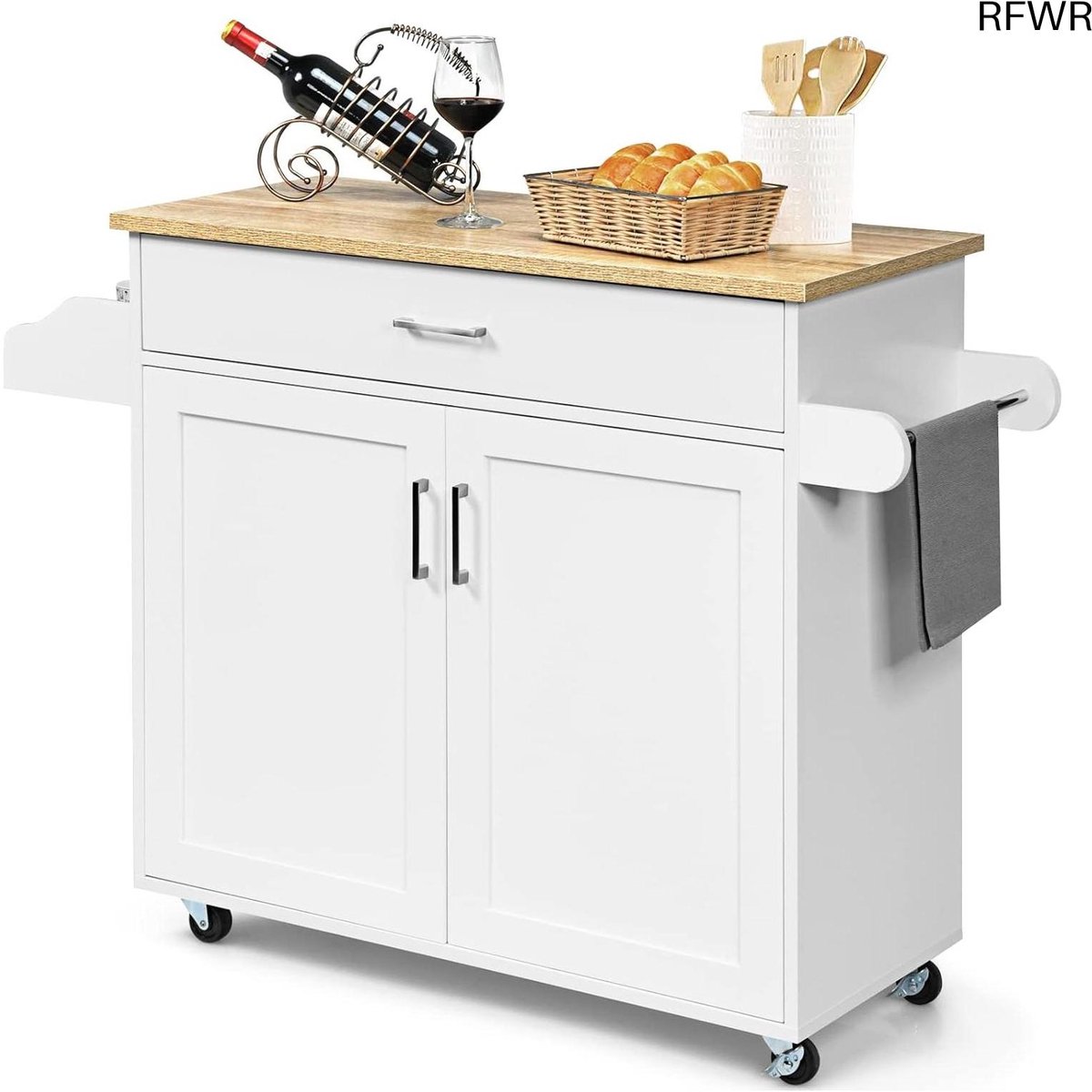RFWR® Keukenwagen op wielen met werkblad en lade - 116 x 40 x 85 cm (wit)