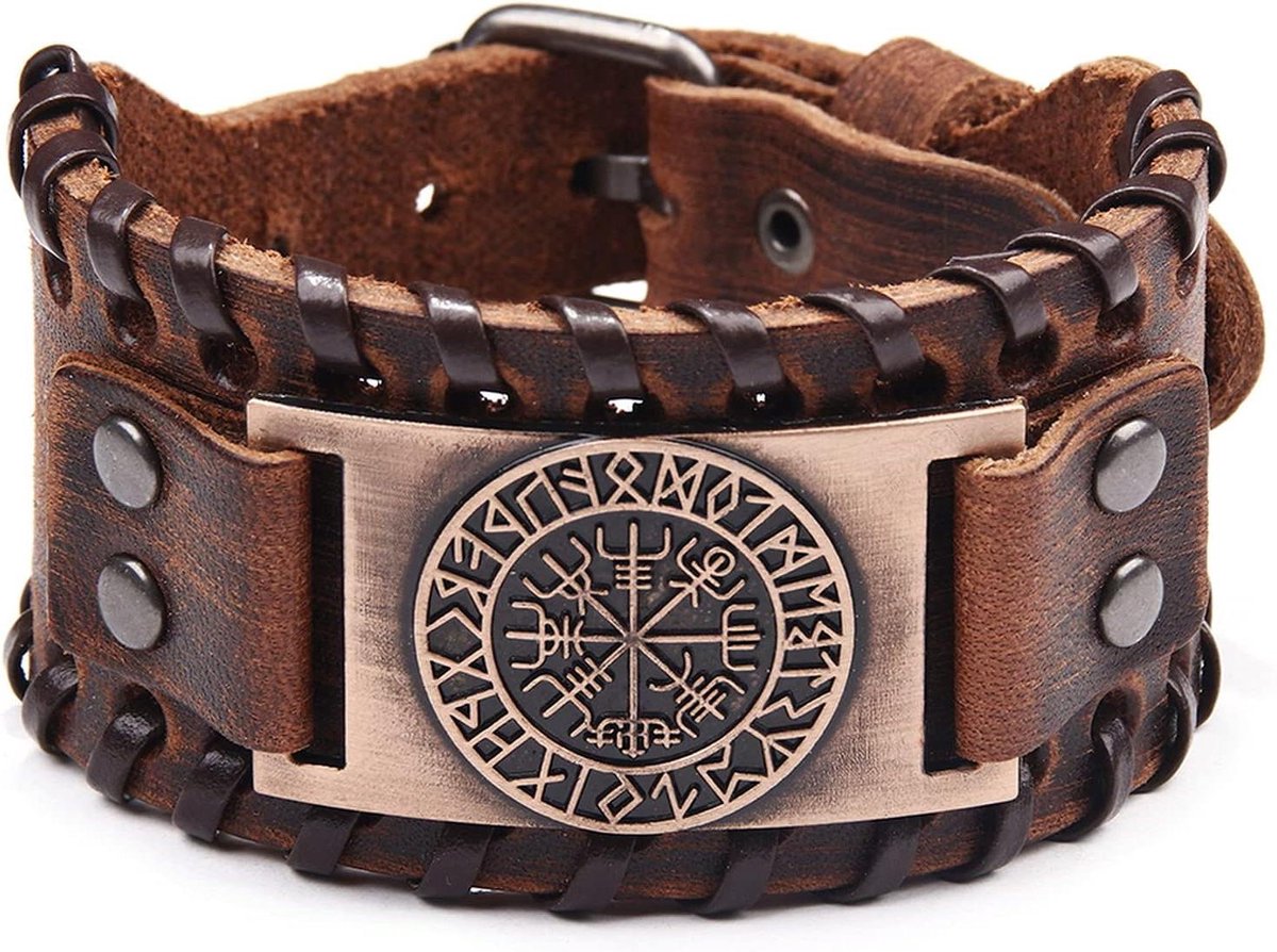 Brown Viking armband verstelbare polsband met Vegvisir kompas en Noorse amulet - Keltische Pagan sieraden met talismanleer