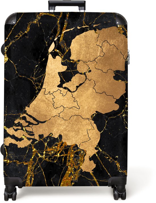 NoBoringSuitcases.com® - Koffer groot - Reiskoffer lichtgewicht - Kaart - Nederland - Marmer - Goud - Marmerlook - Rolkoffer met 4 wielen - Grote trolley XL - 98 liter bagage