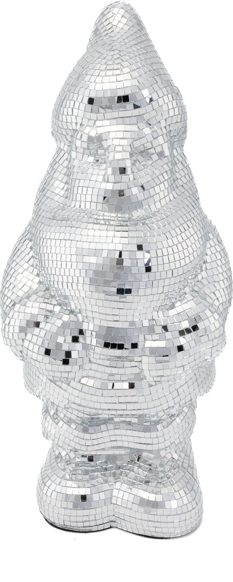 KIMU® Kabouter 45 cm Spiegeltjes Zilver - Tuinkabouter Discobal Pop Beeld Standbeeld Disco Spiegel - Deco Discobol Spiegelbol Glitter Tuindecoratie Festival