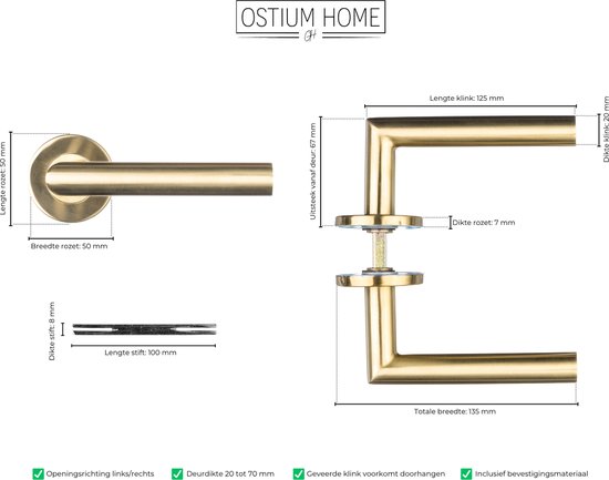 Technische tekening met afmetingen van een mat gouden deurklink met rond rozet.