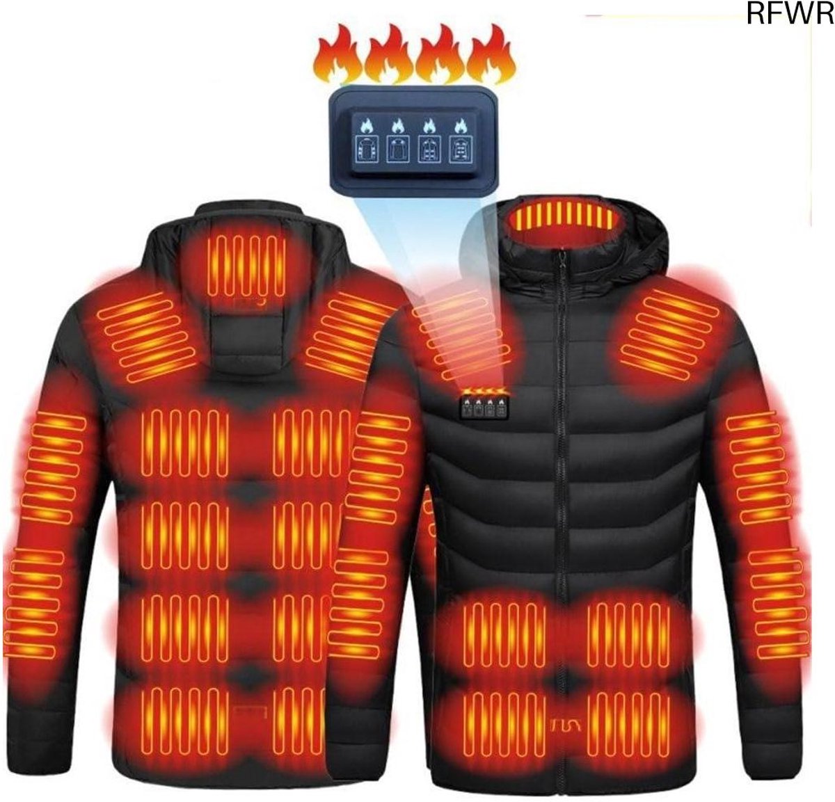 RFWR® USB Verwarmde Jas met 21 Verwarmingszones Dames en Heren Wasbare Winterjas met Capuchon Zwart